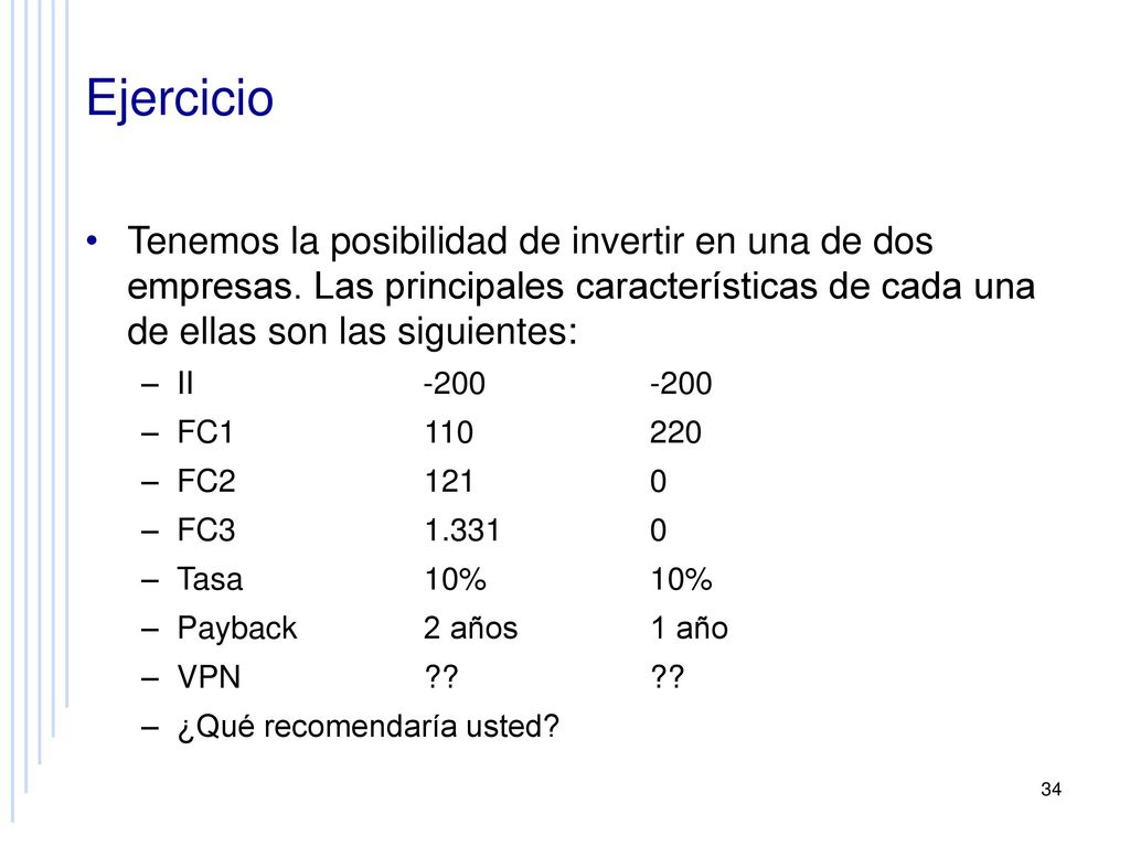 Ejercicio Tenemos la posibilidad de invertir en una de dos empresas. Las principales características de cada una de ellas son las siguientes: