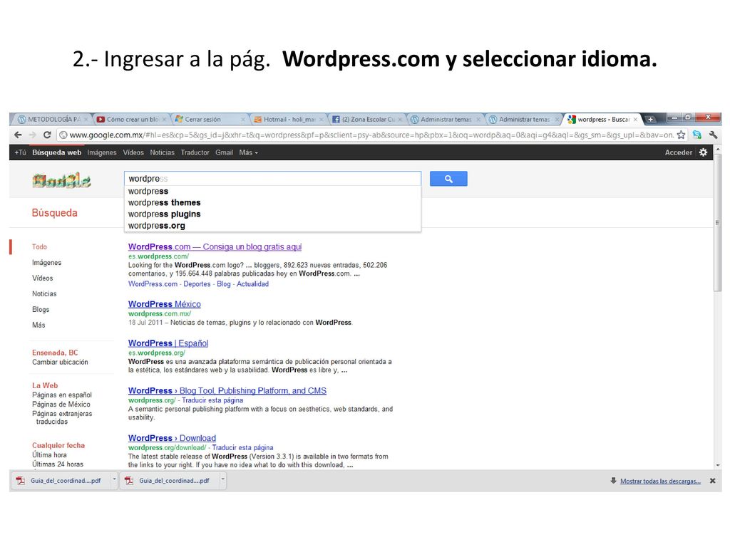 2.- Ingresar a la pág. Wordpress.com y seleccionar idioma.