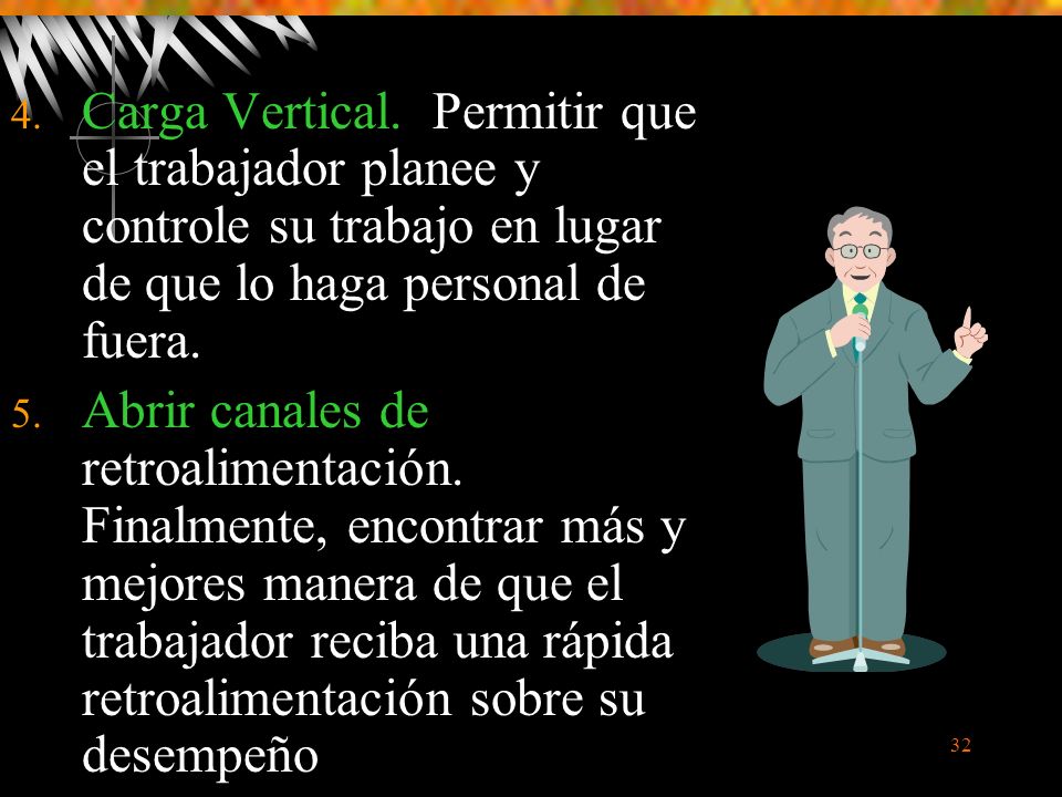 Carga Vertical. Permitir que el trabajador planee y controle su trabajo en lugar de que lo haga personal de fuera.