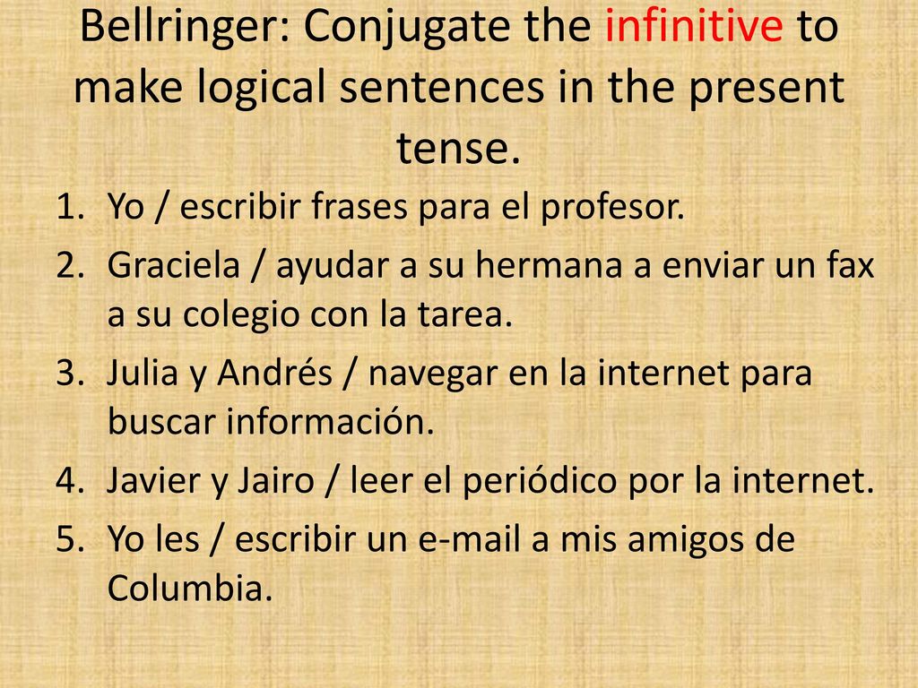 Bellringer: Conjugate the infinitive to make logical sentences in the present tense.
