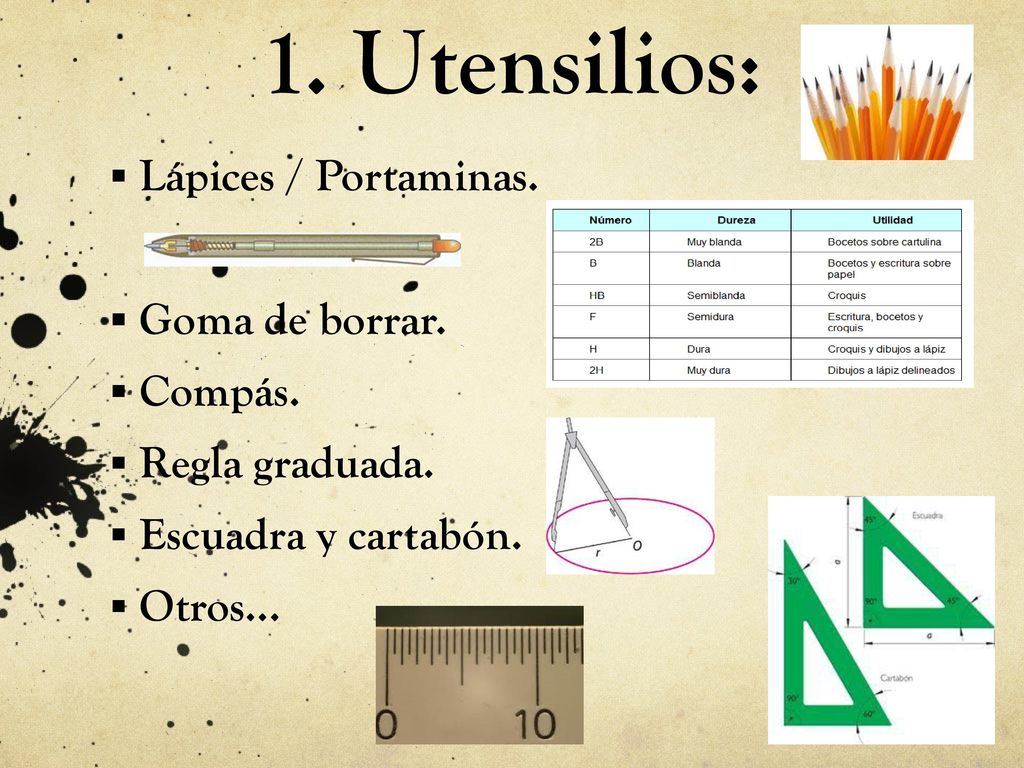 1. Utensilios: Lápices / Portaminas. Goma de borrar. Compás.