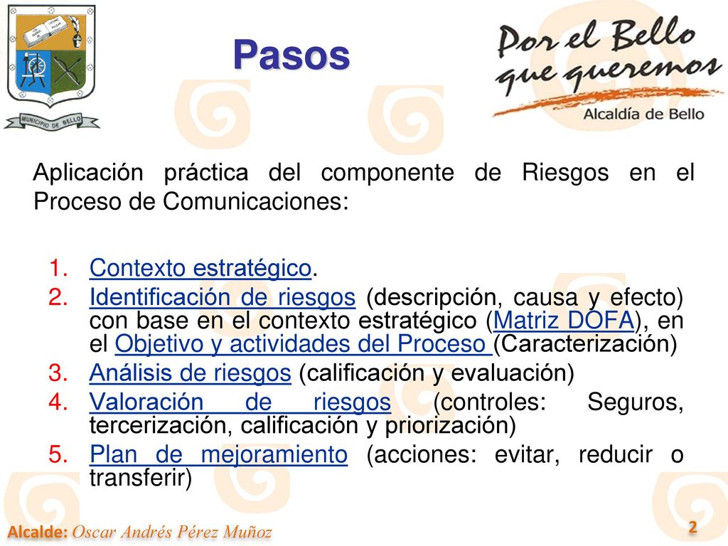 Pasos Aplicación práctica del componente de Riesgos en el Proceso de Comunicaciones: Contexto estratégico.