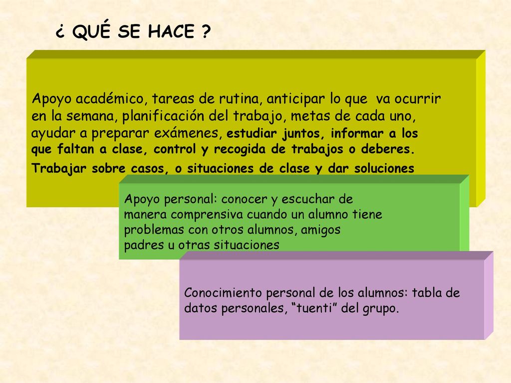 ¿ QUÉ SE HACE Apoyo académico, tareas de rutina, anticipar lo que va ocurrir. en la semana, planificación del trabajo, metas de cada uno,