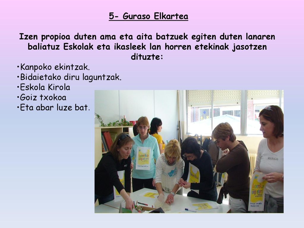 5- Guraso Elkartea Izen propioa duten ama eta aita batzuek egiten duten lanaren baliatuz Eskolak eta ikasleek lan horren etekinak jasotzen dituzte: