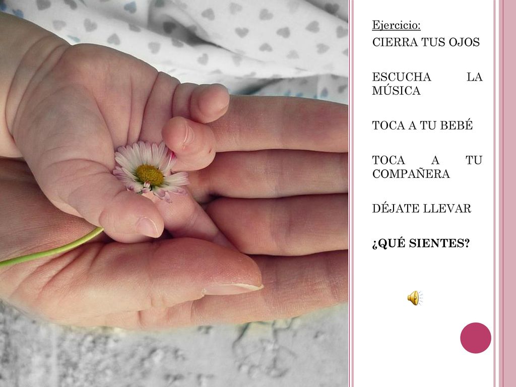 Ejercicio: CIERRA TUS OJOS. ESCUCHA LA MÚSICA. TOCA A TU BEBÉ. TOCA A TU COMPAÑERA. DÉJATE LLEVAR.