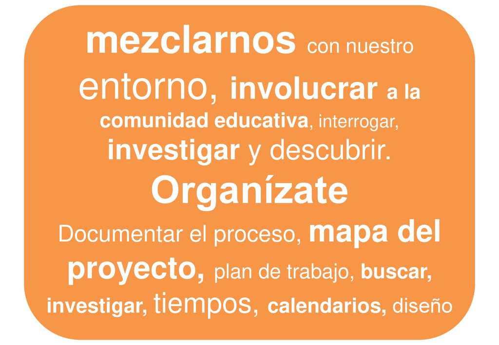 mezclarnos con nuestro entorno, involucrar a la comunidad educativa, interrogar, investigar y descubrir. Organízate