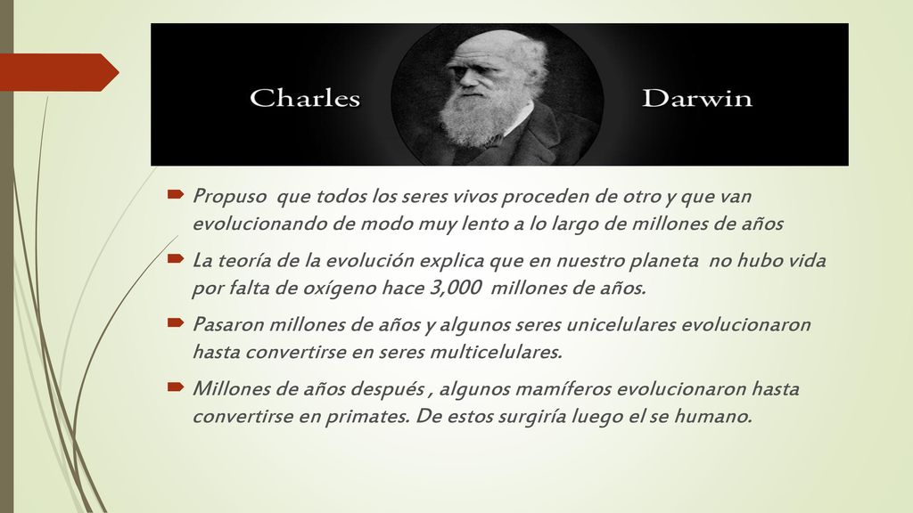 j Propuso que todos los seres vivos proceden de otro y que van evolucionando de modo muy lento a lo largo de millones de años.
