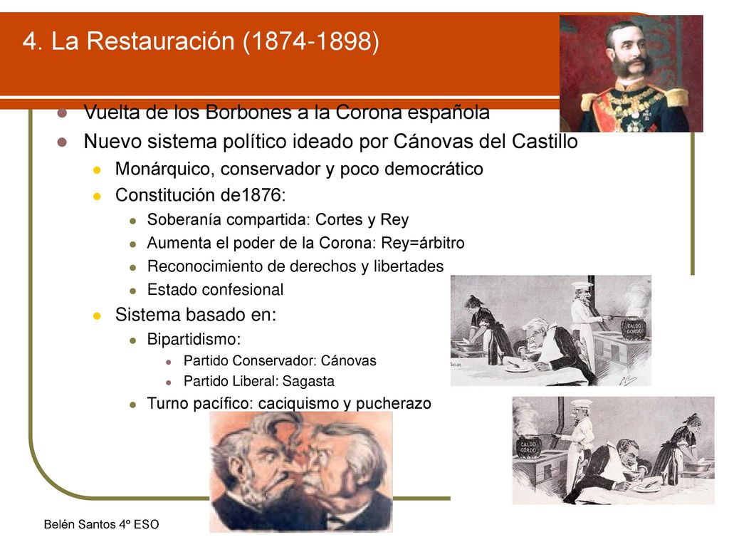 4. La Restauración ( ) Vuelta de los Borbones a la Corona española. Nuevo sistema político ideado por Cánovas del Castillo.