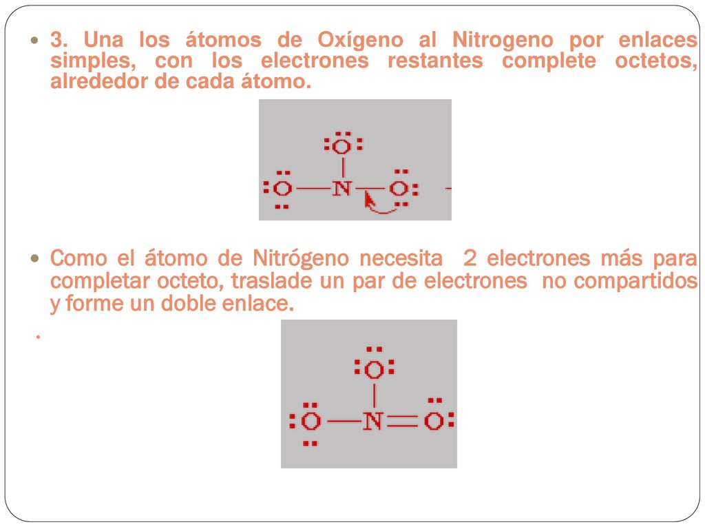 3. Una los átomos de Oxígeno al Nitrogeno por enlaces simples, con los electrones restantes complete octetos, alrededor de cada átomo.