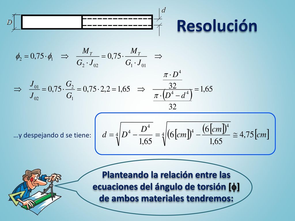 Resolución …y despejando d se tiene: Planteando la relación entre las ecuaciones del ángulo de torsión [] de ambos materiales tendremos: