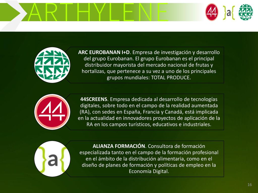 ARC EUROBANAN I+D. Empresa de investigación y desarrollo del grupo Eurobanan. El grupo Eurobanan es el principal distribuidor mayorista del mercado nacional de frutas y hortalizas, que pertenece a su vez a uno de los principales grupos mundiales: TOTAL PRODUCE.