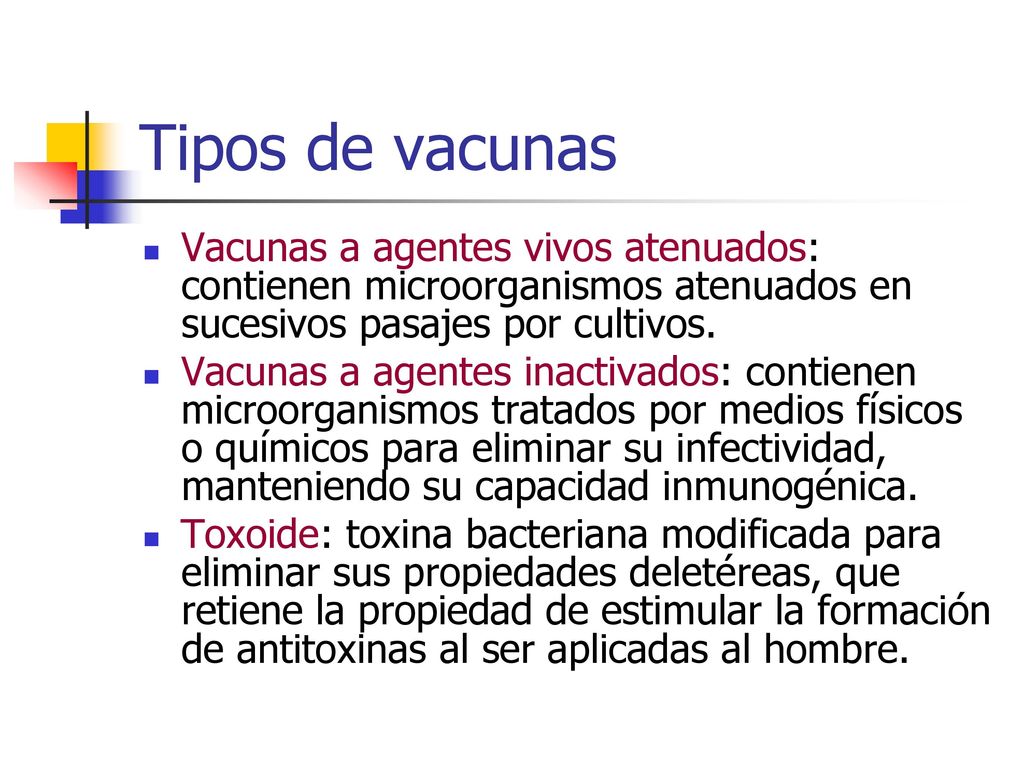 Tipos de vacunas Vacunas a agentes vivos atenuados: contienen microorganismos atenuados en sucesivos pasajes por cultivos.