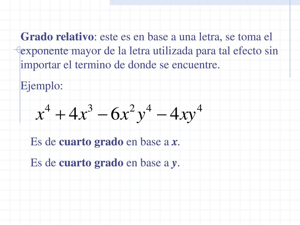 Grado relativo: este es en base a una letra, se toma el exponente mayor de la letra utilizada para tal efecto sin importar el termino de donde se encuentre.