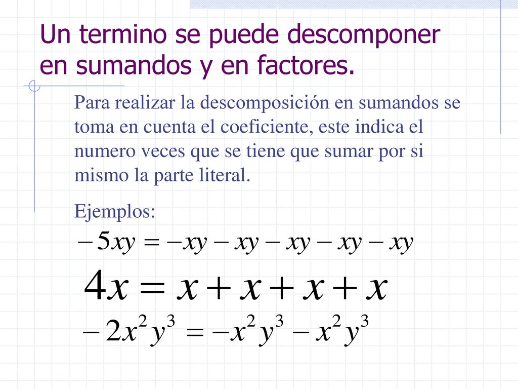 Un termino se puede descomponer en sumandos y en factores.
