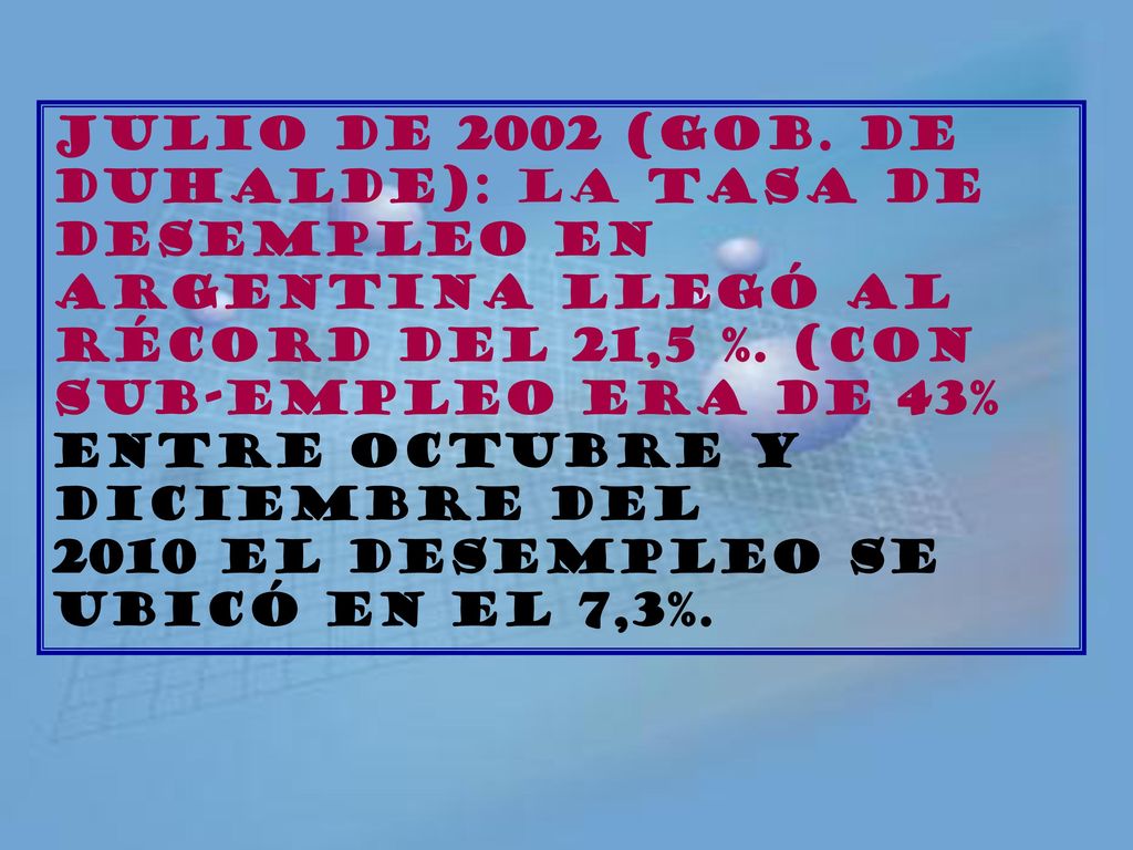 Julio de 2002 (gob. de Duhalde): LA Tasa de desempleo en Argentina llegó aL récord del 21,5 %. (CON
