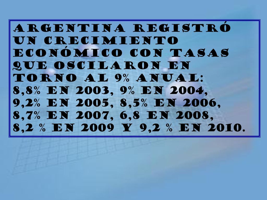 Argentina registró un crecimiento Económico con tasas que oscilaron en torno al 9% Anual: 8,8% en 2003, 9% en 2004,