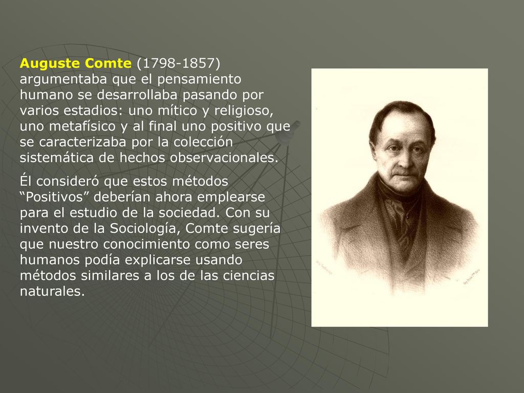 Auguste Comte ( ) argumentaba que el pensamiento humano se desarrollaba pasando por varios estadios: uno mítico y religioso, uno metafísico y al final uno positivo que se caracterizaba por la colección sistemática de hechos observacionales.