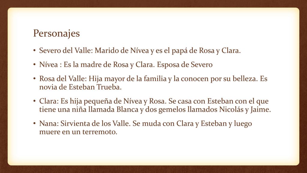 Personajes Severo del Valle: Marido de Nívea y es el papá de Rosa y Clara. Nívea : Es la madre de Rosa y Clara. Esposa de Severo.