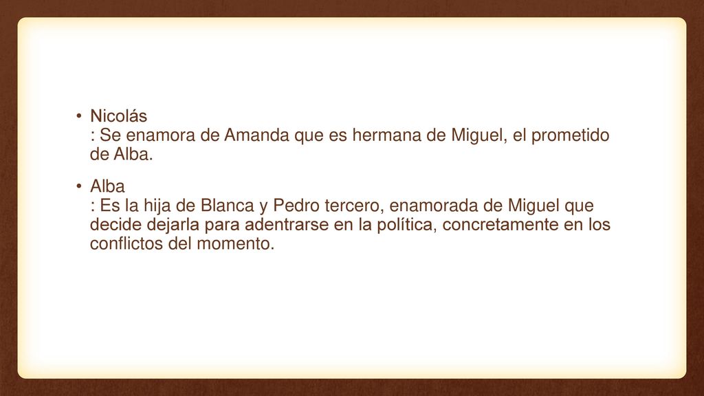 Nicolás : Se enamora de Amanda que es hermana de Miguel, el prometido de Alba.