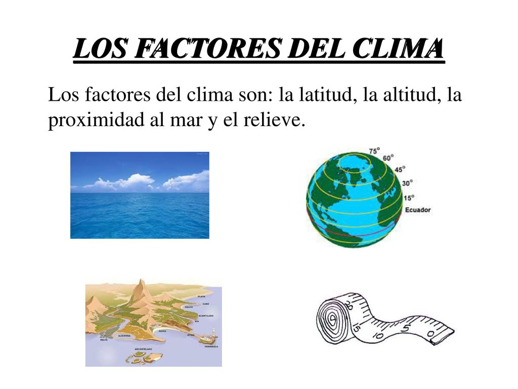 LOS FACTORES DEL CLIMA Los factores del clima son: la latitud, la altitud, la proximidad al mar y el relieve.