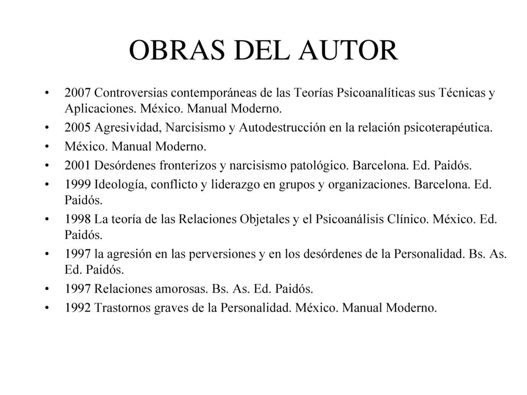 OBRAS DEL AUTOR 2007 Controversias contemporáneas de las Teorías Psicoanalíticas sus Técnicas y Aplicaciones. México. Manual Moderno.