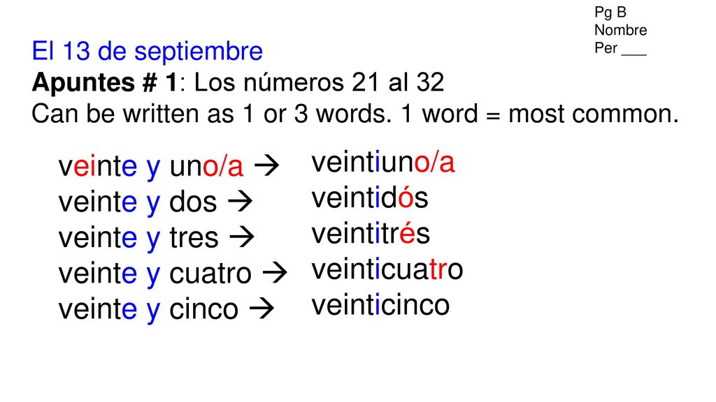 veintiuno/a veinte y uno/a  veintidós veinte y dos  veintitrés