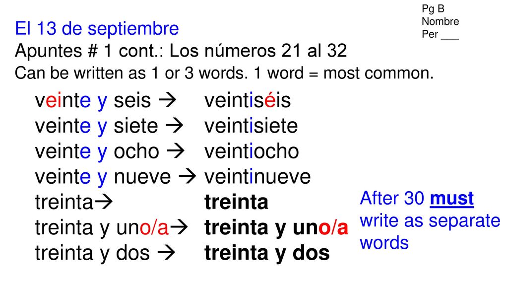 veinte y seis  veinte y siete  veinte y ocho  veinte y nueve 