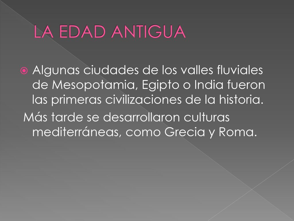 LA EDAD ANTIGUA Algunas ciudades de los valles fluviales de Mesopotamia, Egipto o India fueron las primeras civilizaciones de la historia.