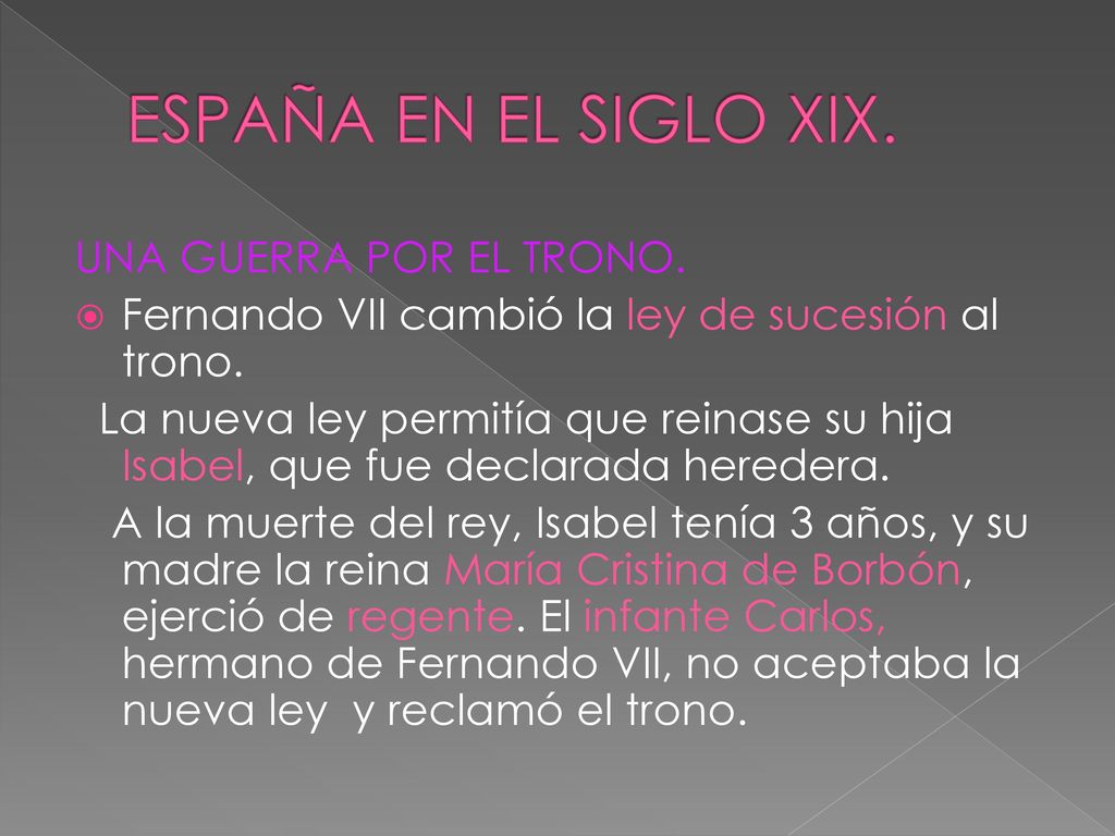 ESPAÑA EN EL SIGLO XIX. UNA GUERRA POR EL TRONO.