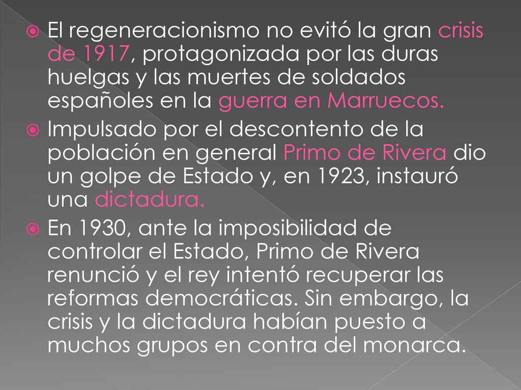 El regeneracionismo no evitó la gran crisis de 1917, protagonizada por las duras huelgas y las muertes de soldados españoles en la guerra en Marruecos.