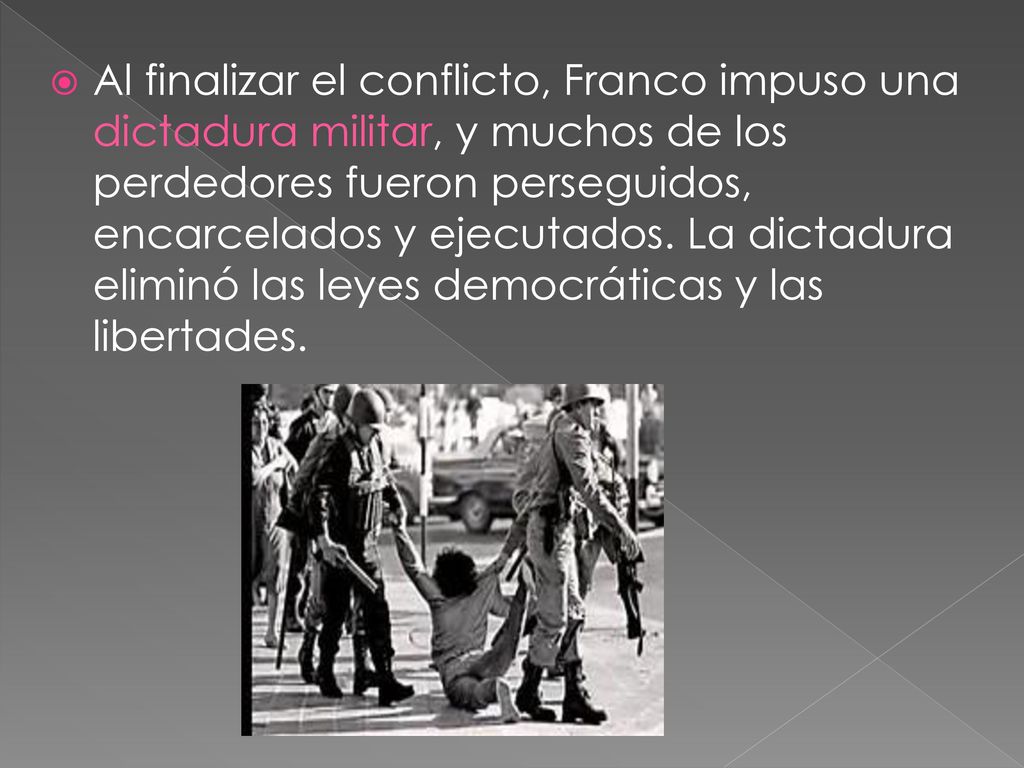 Al finalizar el conflicto, Franco impuso una dictadura militar, y muchos de los perdedores fueron perseguidos, encarcelados y ejecutados.
