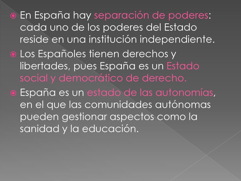 En España hay separación de poderes: cada uno de los poderes del Estado reside en una institución independiente.