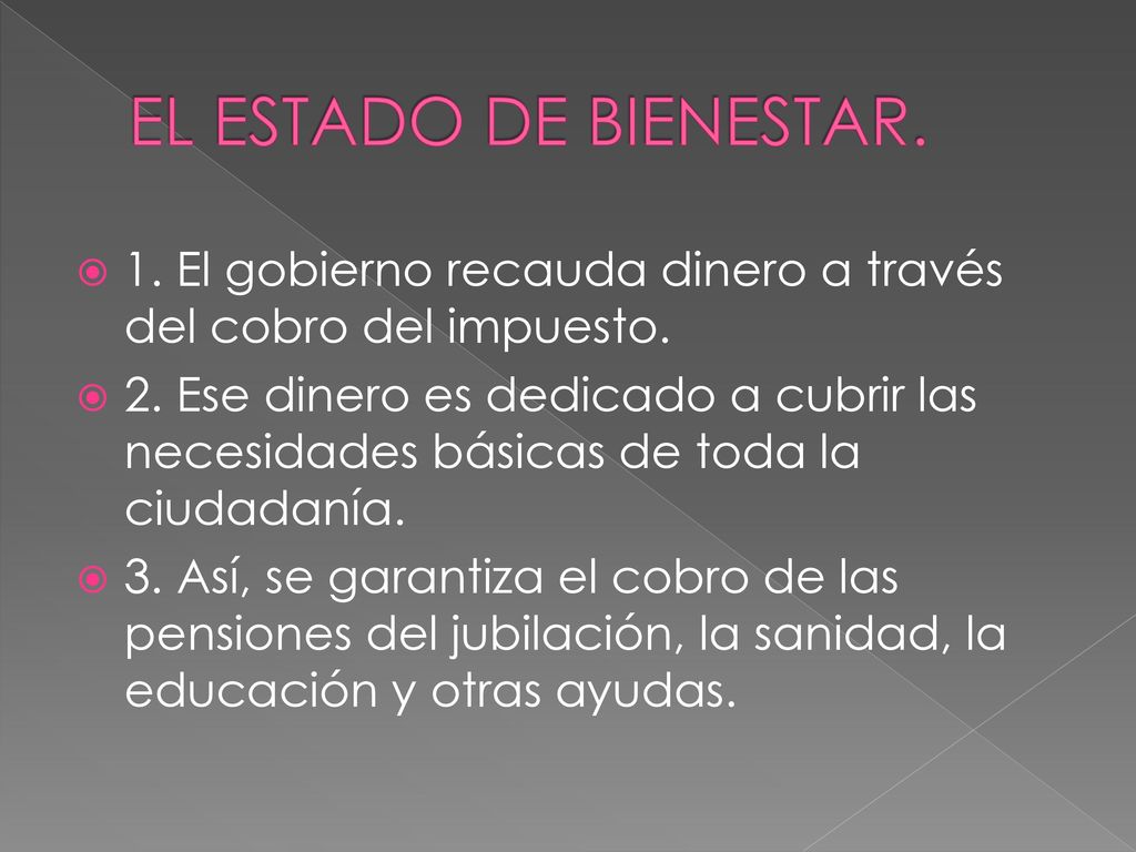 EL ESTADO DE BIENESTAR. 1. El gobierno recauda dinero a través del cobro del impuesto.