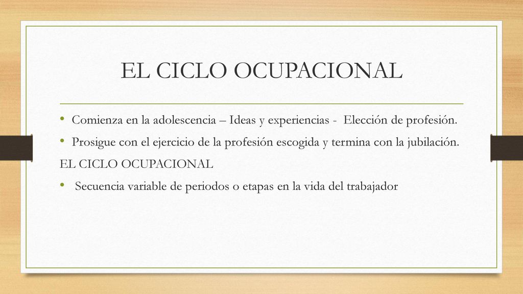 EL CICLO OCUPACIONAL Comienza en la adolescencia – Ideas y experiencias - Elección de profesión.