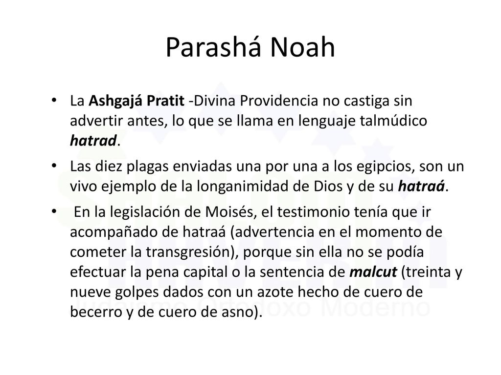Parashá Noah La Ashgajá Pratit -Divina Providencia no castiga sin advertir antes, lo que se llama en lenguaje talmúdico hatrad.
