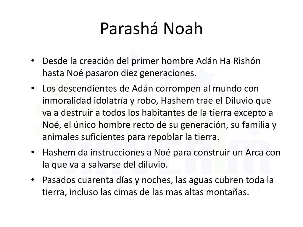 Parashá Noah Desde la creación del primer hombre Adán Ha Rishón hasta Noé pasaron diez generaciones.