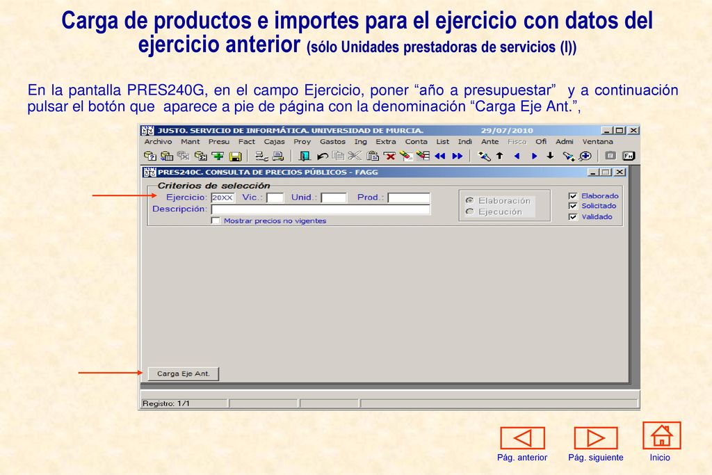 Carga de productos e importes para el ejercicio con datos del ejercicio anterior (sólo Unidades prestadoras de servicios (I))