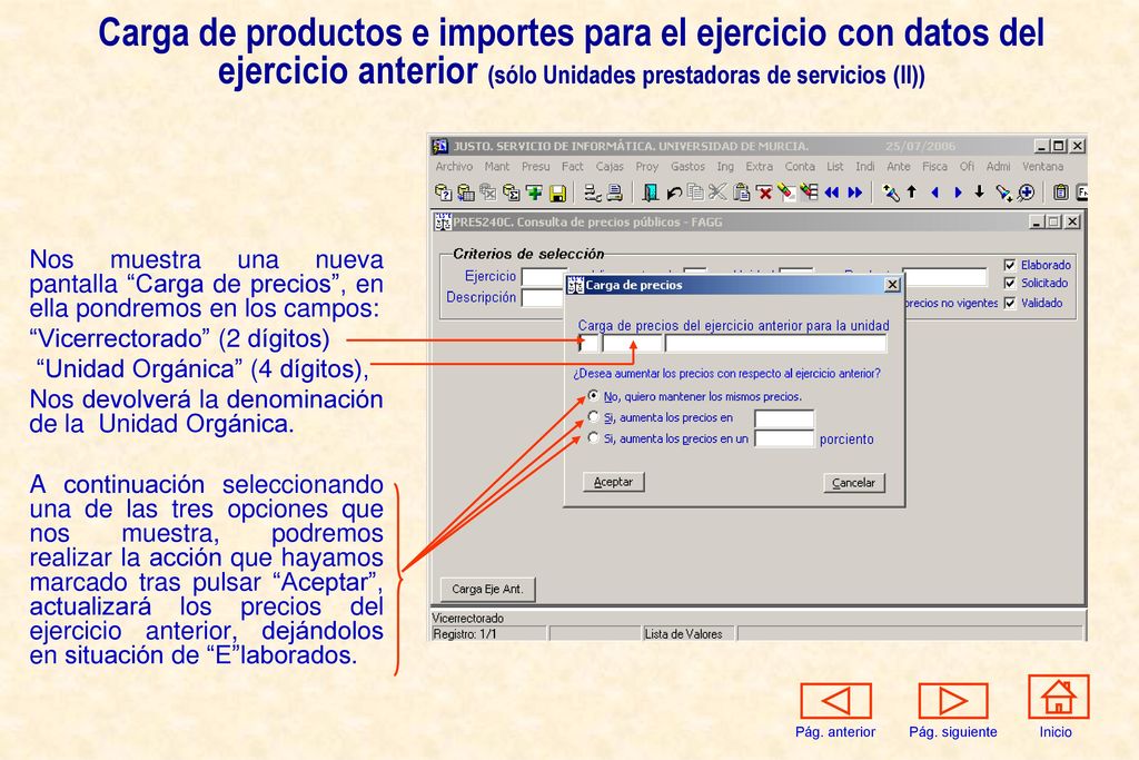 Carga de productos e importes para el ejercicio con datos del ejercicio anterior (sólo Unidades prestadoras de servicios (II))