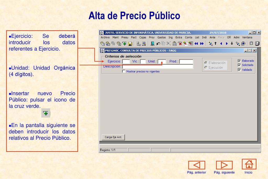 Alta de Precio Público Ejercicio: Se deberá introducir los datos referentes a Ejercicio. Unidad: Unidad Orgánica (4 dígitos).