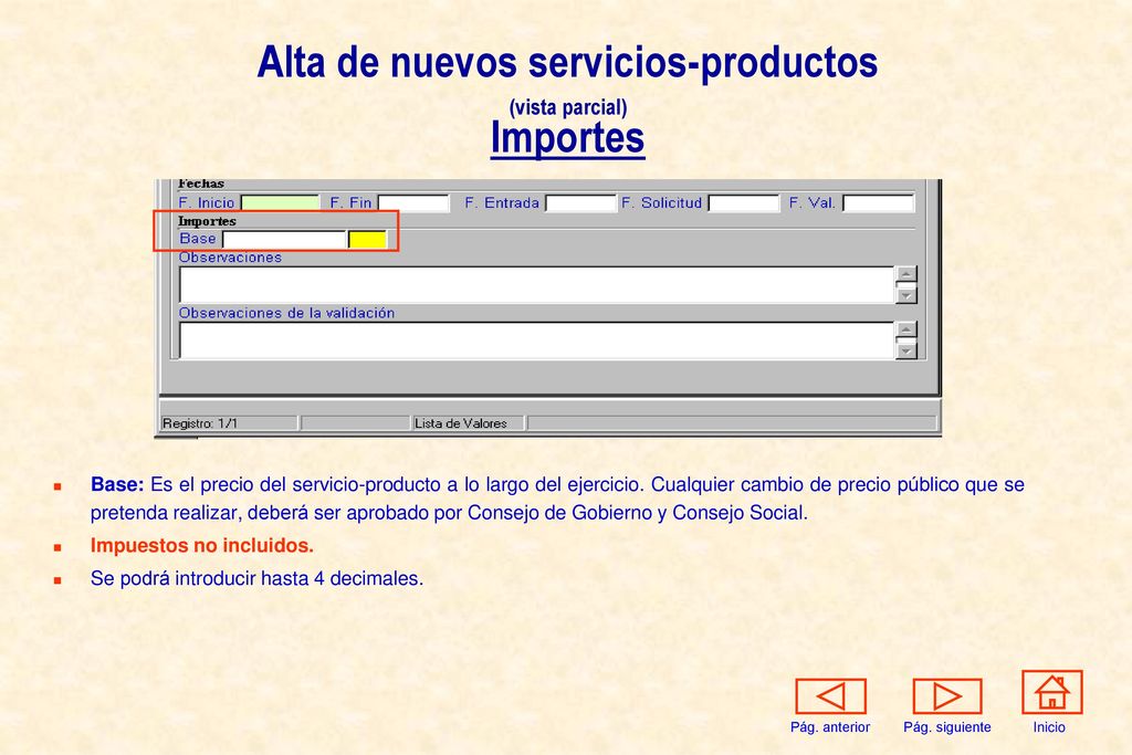 Alta de nuevos servicios-productos (vista parcial) Importes