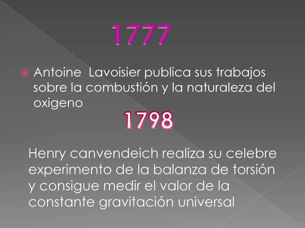 1777 Antoine Lavoisier publica sus trabajos sobre la combustión y la naturaleza del oxigeno