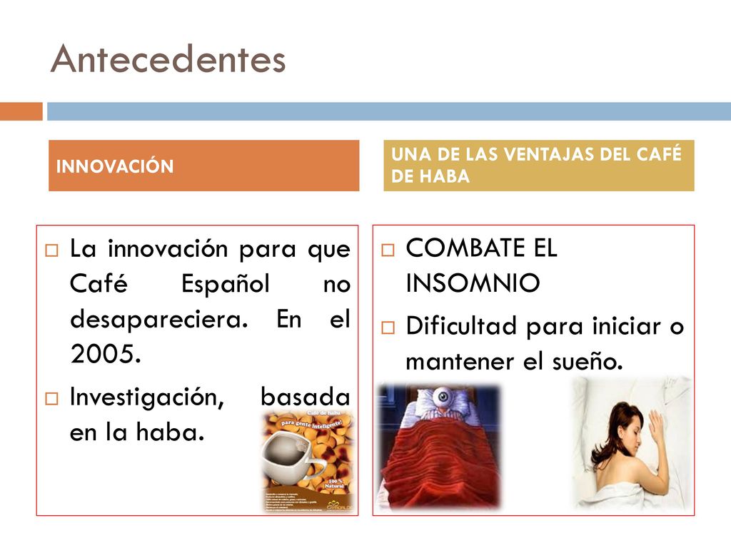 Antecedentes INNOVACIÓN. UNA DE LAS VENTAJAS DEL CAFÉ DE HABA. La innovación para que Café Español no desapareciera. En el