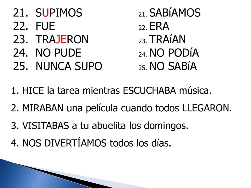 21. SUPIMOS 21. SABíAMOS 22. FUE 22. ERA 23. TRAJERON 23. TRAíAN