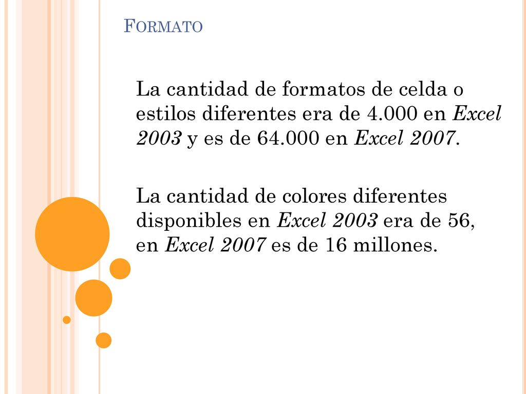 Formato La cantidad de formatos de celda o estilos diferentes era de en Excel 2003 y es de en Excel