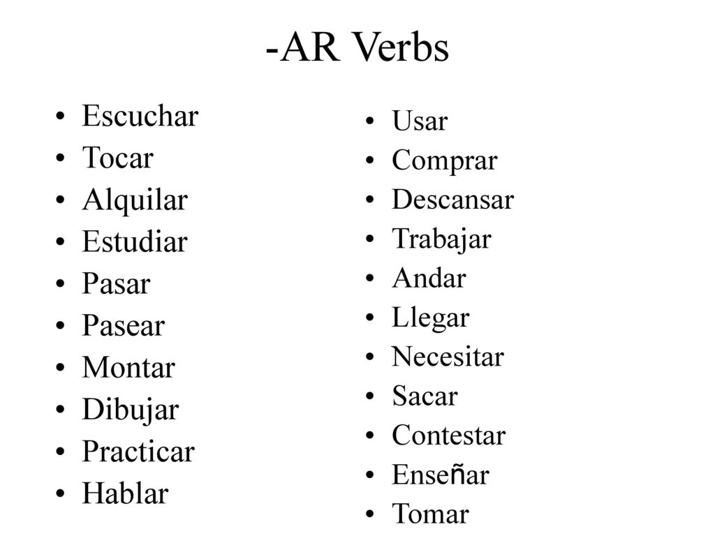 -AR Verbs Escuchar Tocar Alquilar Estudiar Pasar Pasear Montar Dibujar