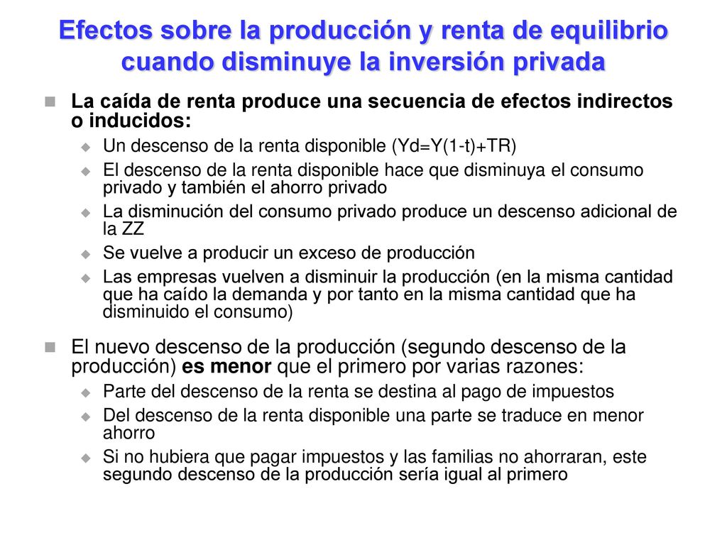 Efectos sobre la producción y renta de equilibrio cuando disminuye la inversión privada