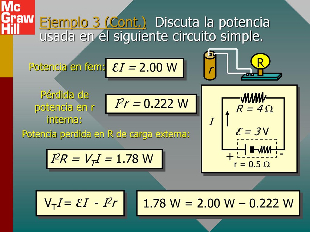 Ejemplo 3 (Cont.) Discuta la potencia usada en el siguiente circuito simple.