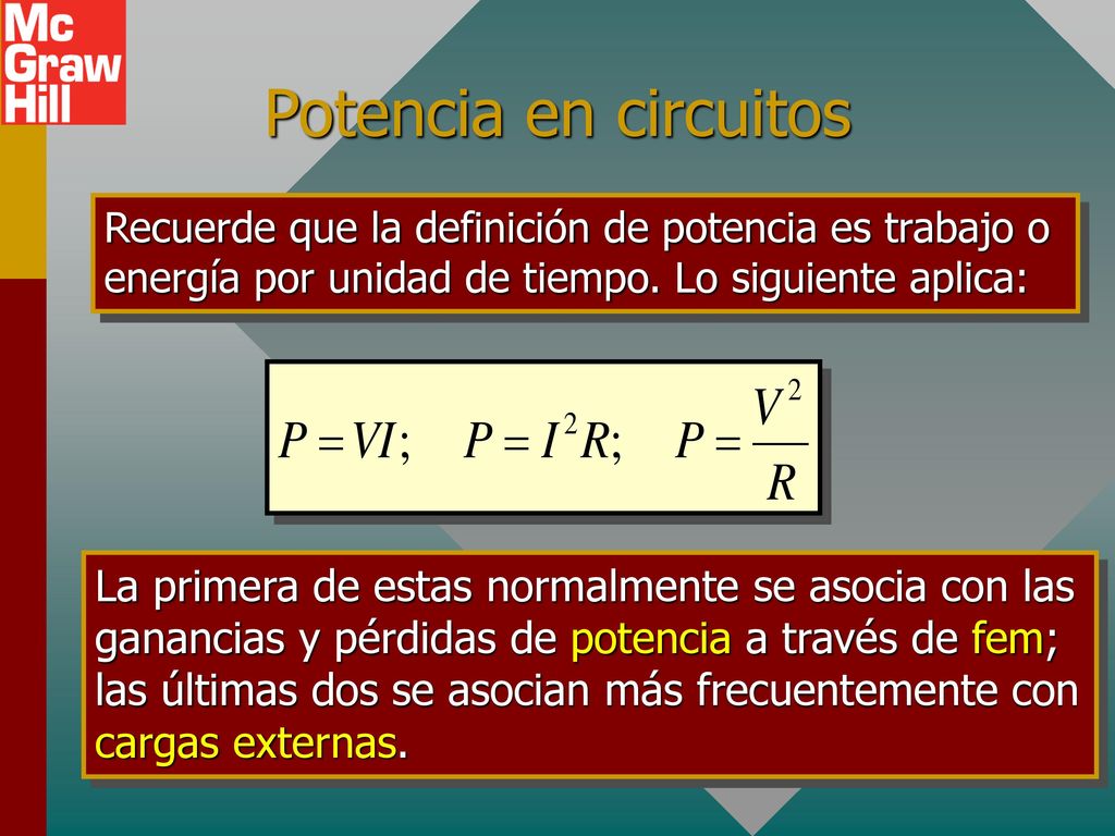Potencia en circuitos Recuerde que la definición de potencia es trabajo o energía por unidad de tiempo. Lo siguiente aplica:
