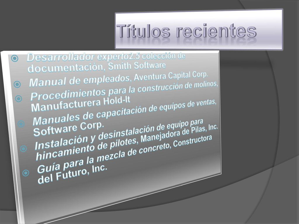Títulos recientes Desarrollador experto2.5 colección de documentación, Smith Software. Manual de empleados, Aventura Capital Corp.