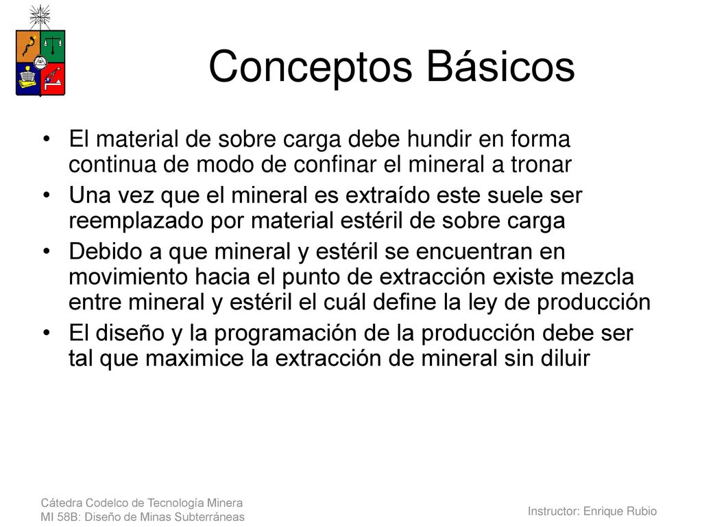 Conceptos Básicos El material de sobre carga debe hundir en forma continua de modo de confinar el mineral a tronar.